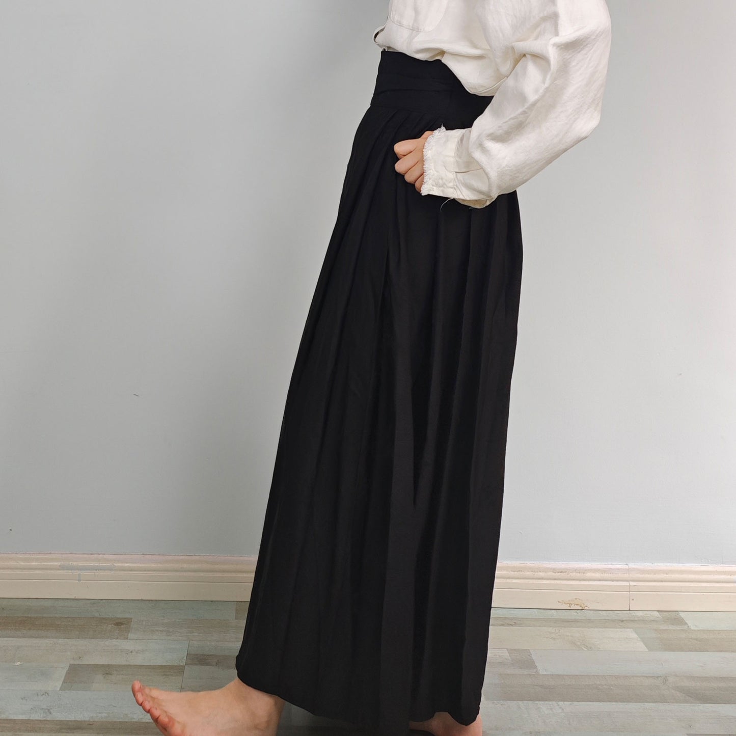 Black Pleated wrap Skirt Maxi Skirt with belt decor Pleats skirt Long skirt black monochrome floral motif skirt