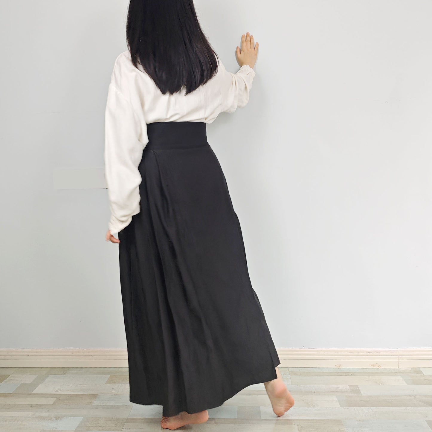 Black Pleated wrap Skirt Maxi Skirt with belt decor Pleats skirt Long skirt black monochrome floral motif skirt
