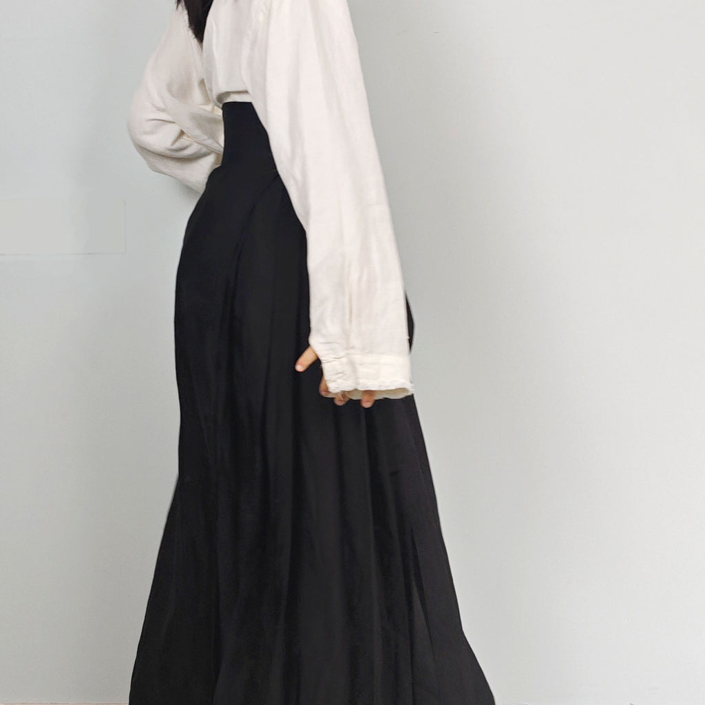Black Pleated wrap Skirt Maxi Skirt with belt decor Pleats skirt Long skirt black monochrome floral motif skirt