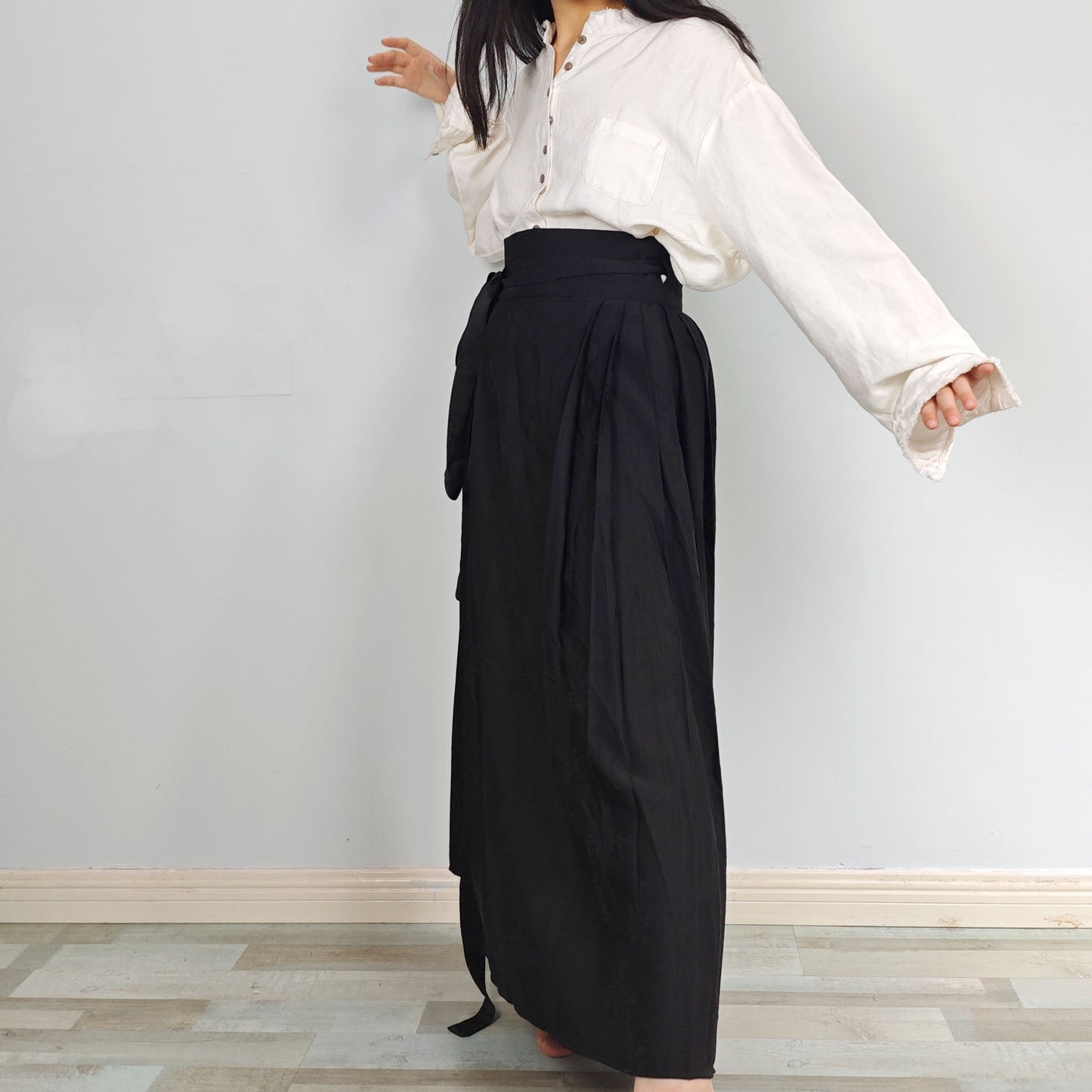 Black Pleated wrap Skirt Maxi Skirt with belt decor Pleats skirt Long skirt black monochrome floral motif skirt