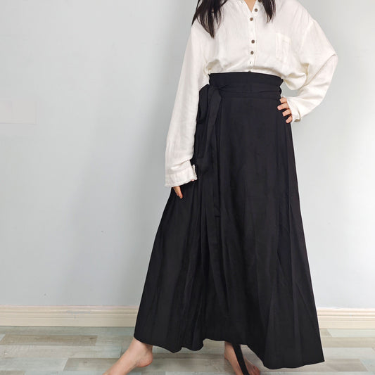 Black Pleated wrap Skirt Maxi Skirt with belt decor Pleats skirt Long skirt black monochrome floral motif skirt