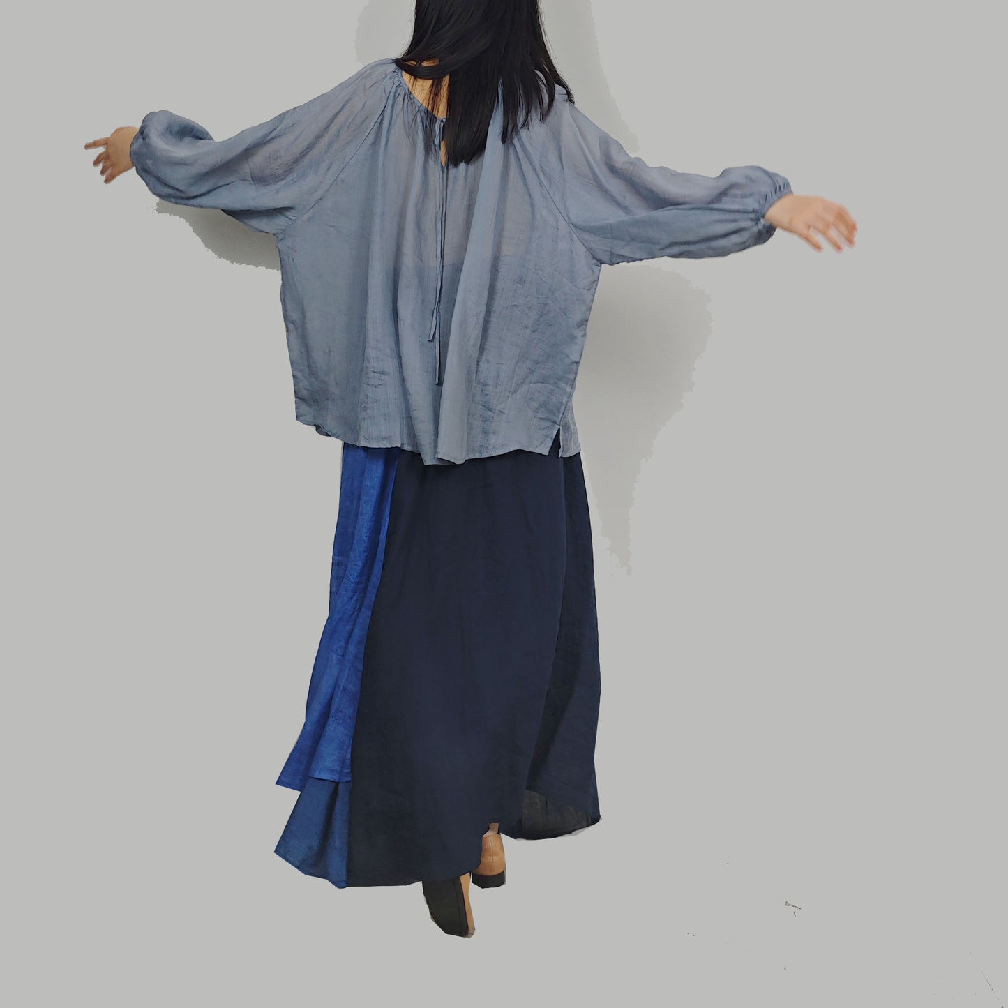 Blue skirt with different layers cotton and tencel fabric mixed flare skirt