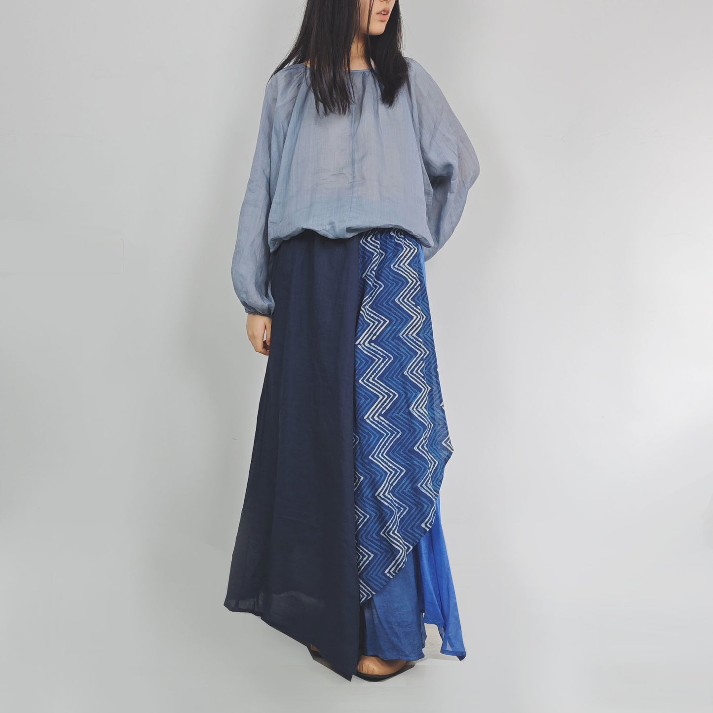 Blue skirt with different layers cotton and tencel fabric mixed flare skirt