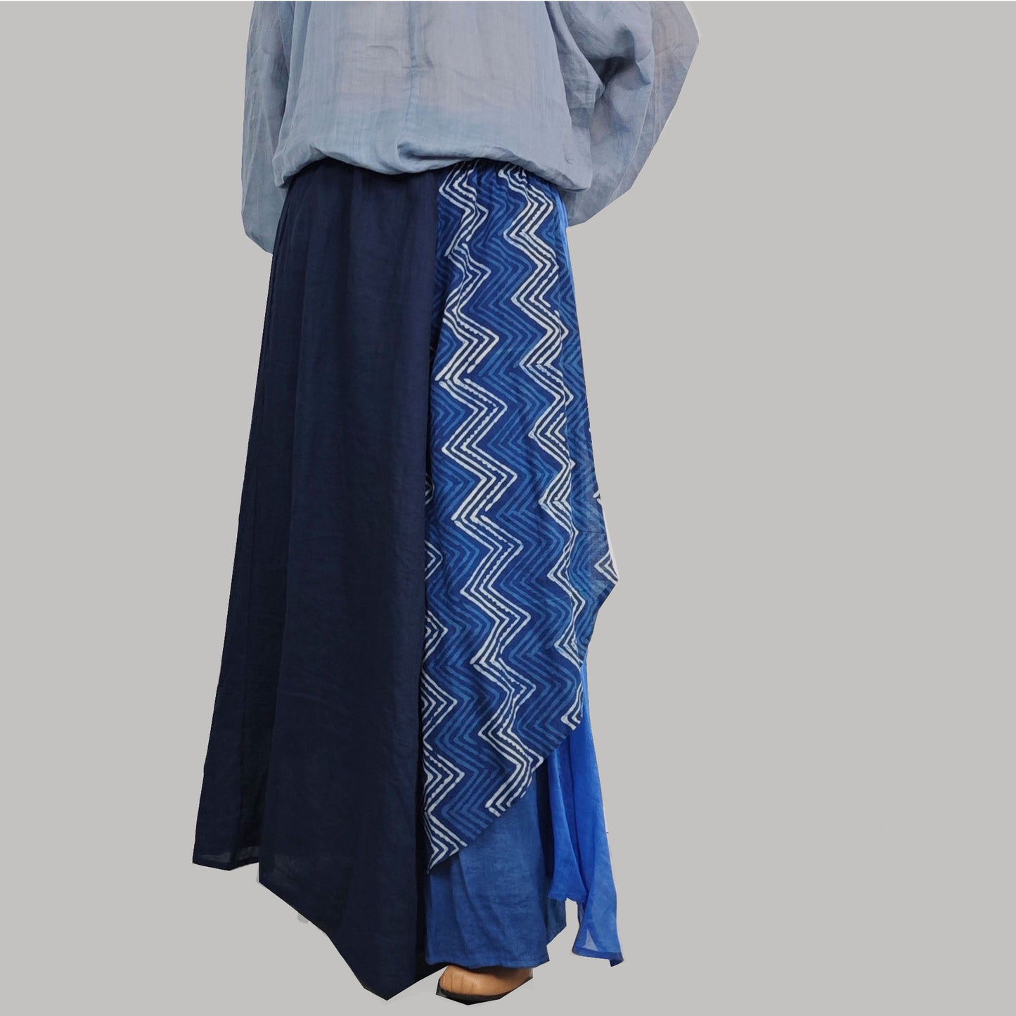 Blue skirt with different layers cotton and tencel fabric mixed flare skirt