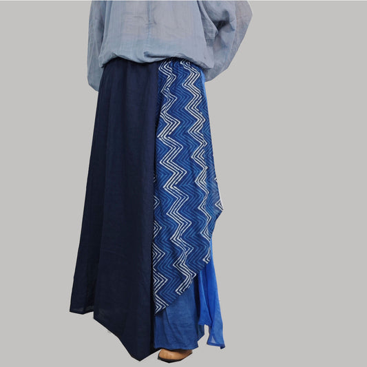 Blue skirt with different layers cotton and tencel fabric mixed flare skirt