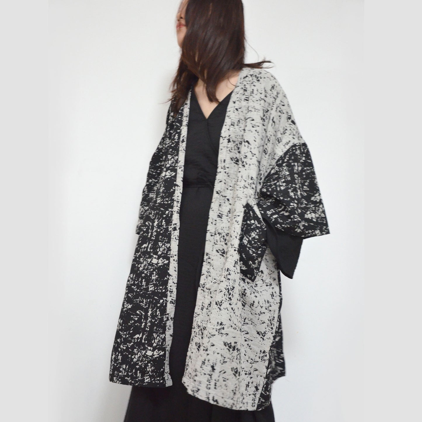 Loose fit Kimono cotton wool mixed abstract fabric color block kimono