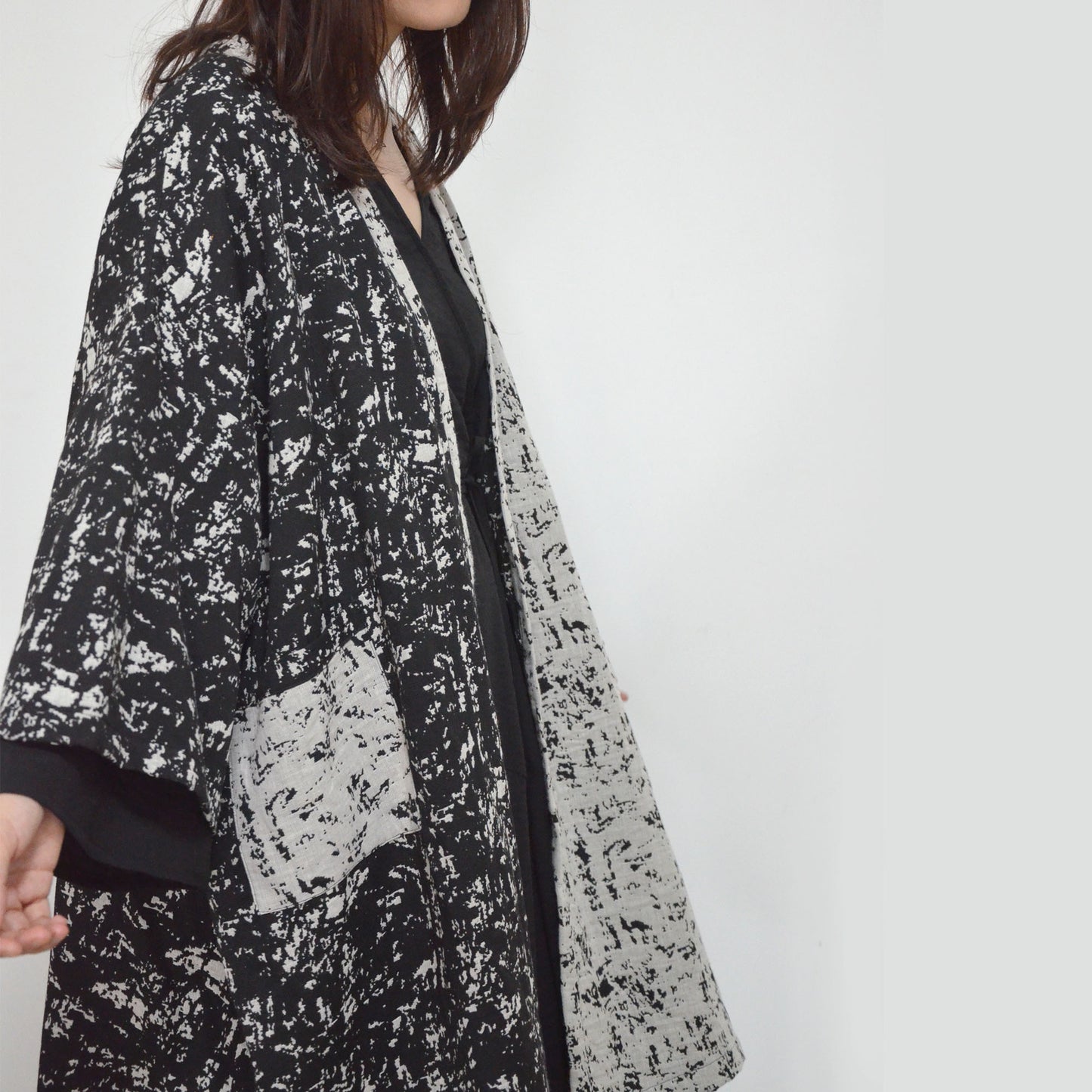 Loose fit Kimono cotton wool mixed abstract fabric color block kimono