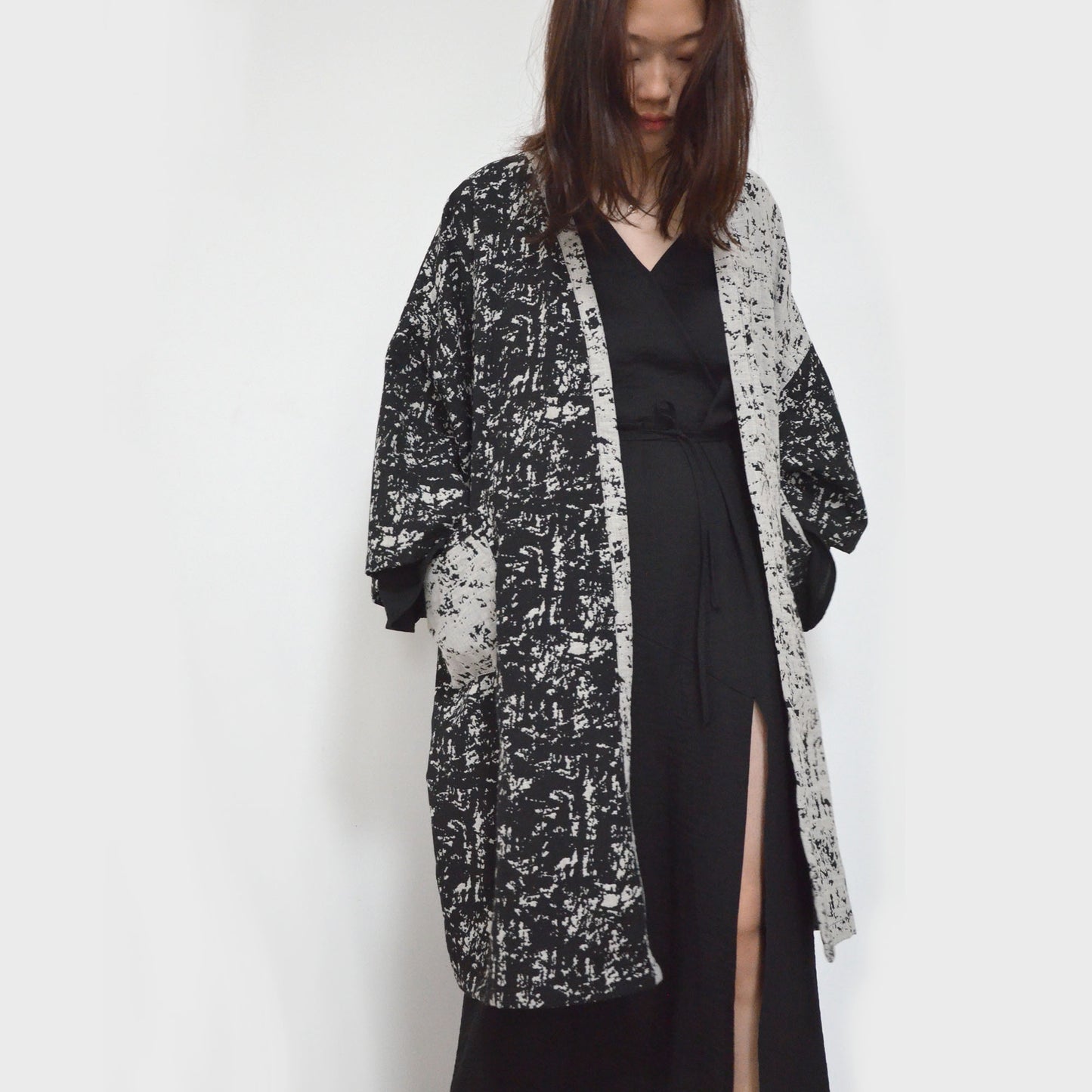 Loose fit Kimono cotton wool mixed abstract fabric color block kimono