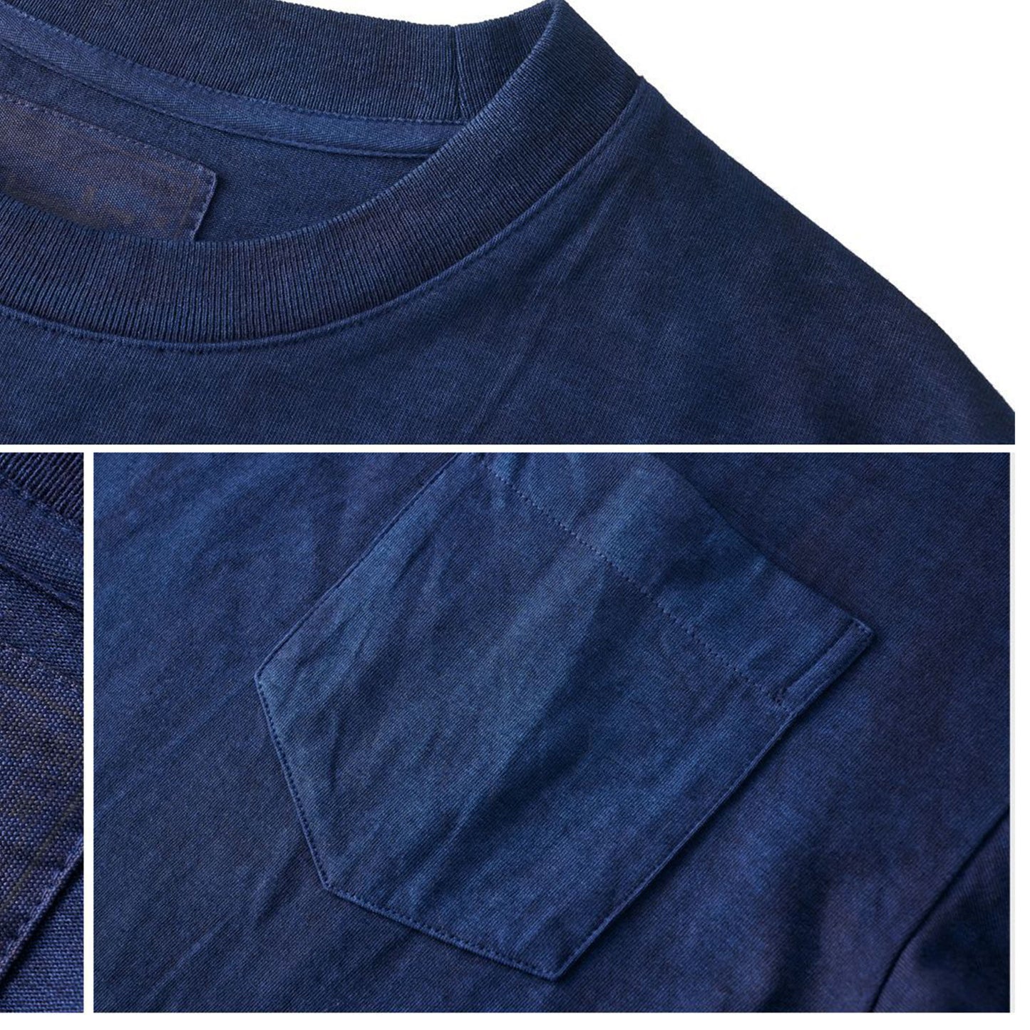 Unisex Indigo plant dyeing long sleeves T shirt with pocket off shoulder regular fit Indigo blue dyeing T shirt 250G