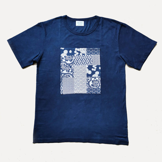 Indigo Blue Hand Dye T shirt with Block print Retro Japanese motifs Plant dye T shirt Soft Cotton Patchwork Tee Unisex Indigo blue T shirt