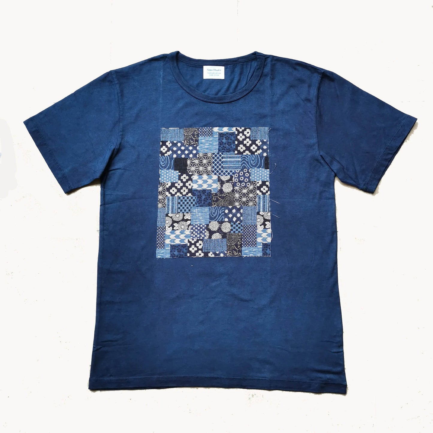 Indigo Blue Hand Dye T shirt with Block print Retro Japanese motifs Plant dye T shirt Soft Cotton Patchwork Tee Unisex Indigo blue T shirt