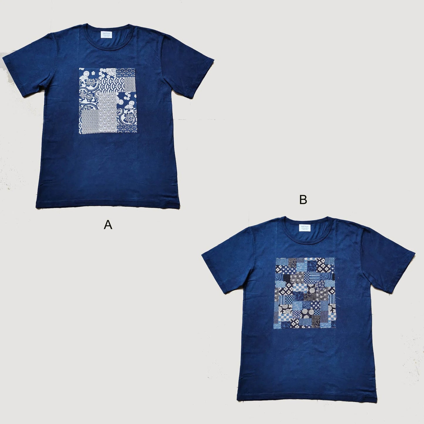 Indigo Blue Hand Dye T shirt with Block print Retro Japanese motifs Plant dye T shirt Soft Cotton Patchwork Tee Unisex Indigo blue T shirt