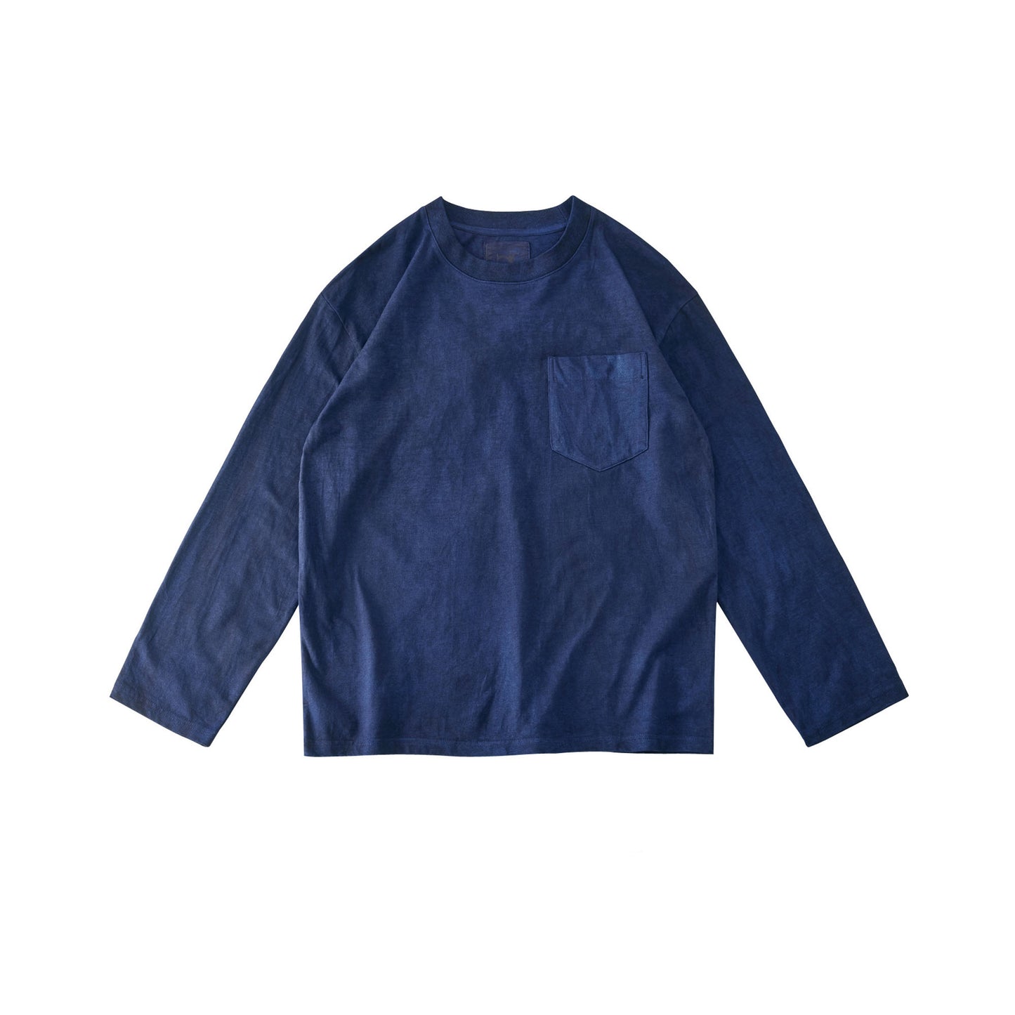 Unisex Indigo plant dyeing long sleeves T shirt with pocket off shoulder regular fit Indigo blue dyeing T shirt 250G