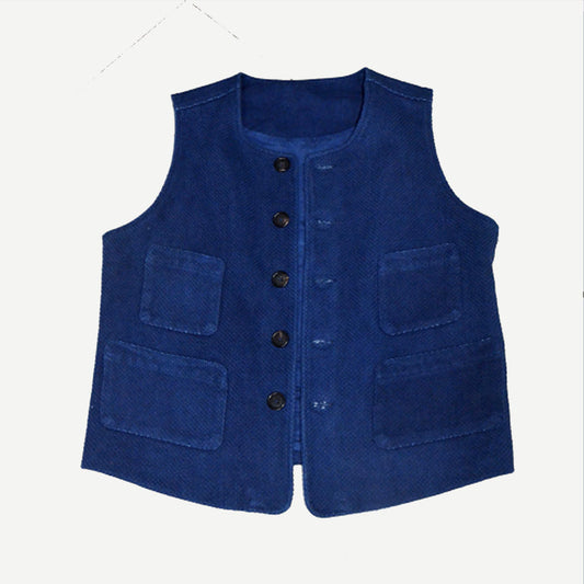 Indigo Blue Hand Dyed Sashiko Workwear Vest Retro Work Waistcoat Blue Plant Dye Neza Studio VTG Style Rework Gilets