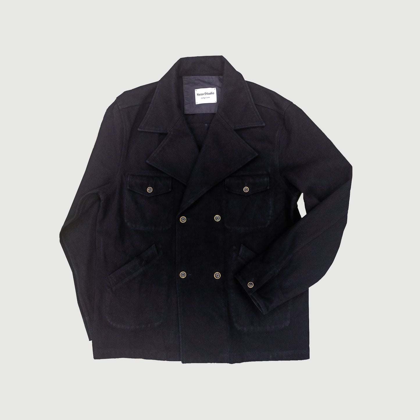 Sashiko cotton retro jacket Black blue cotton sashiko retro style large flap collar jacket