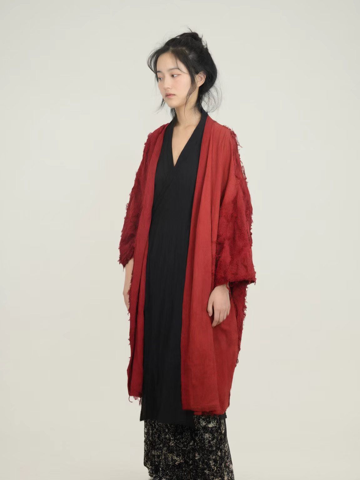 Red kimono jacket loose fit linen cotton long jacket