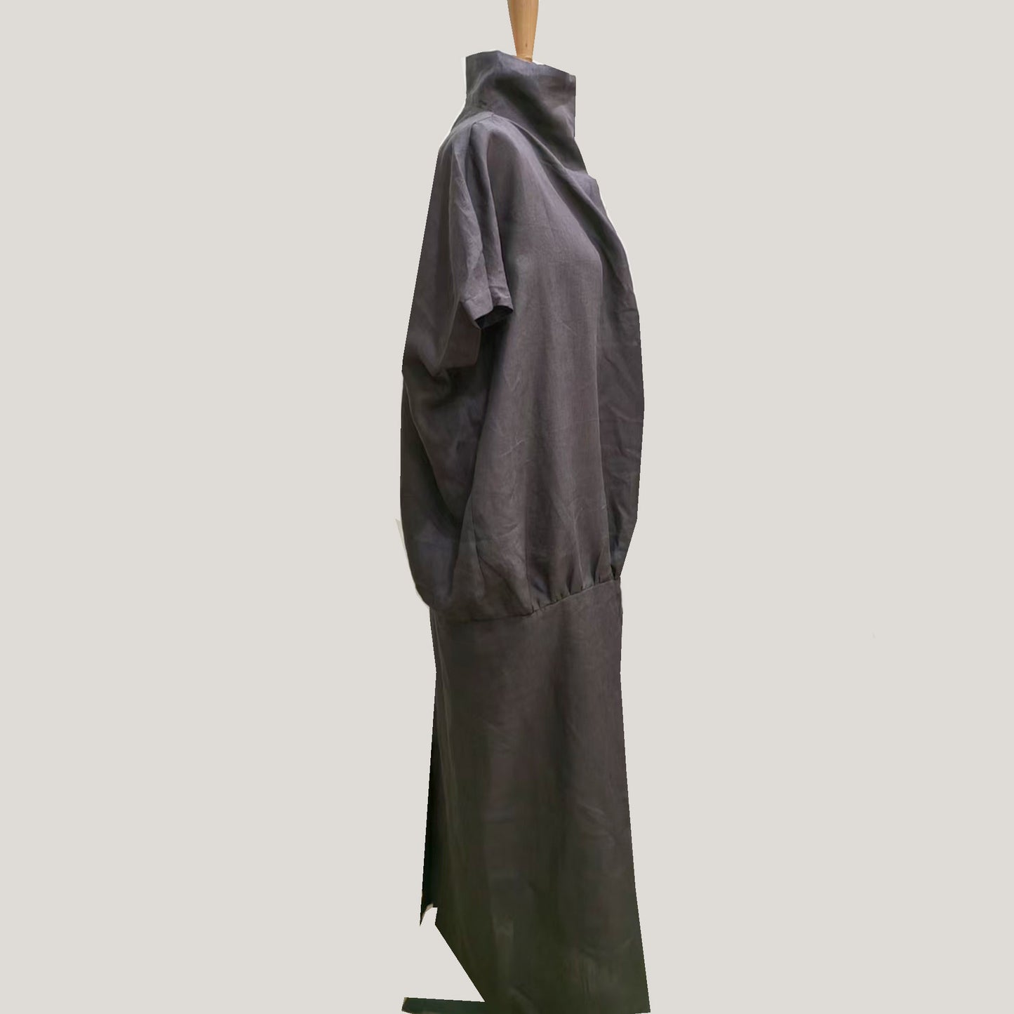 Linen dress high collar loose fit gray dress