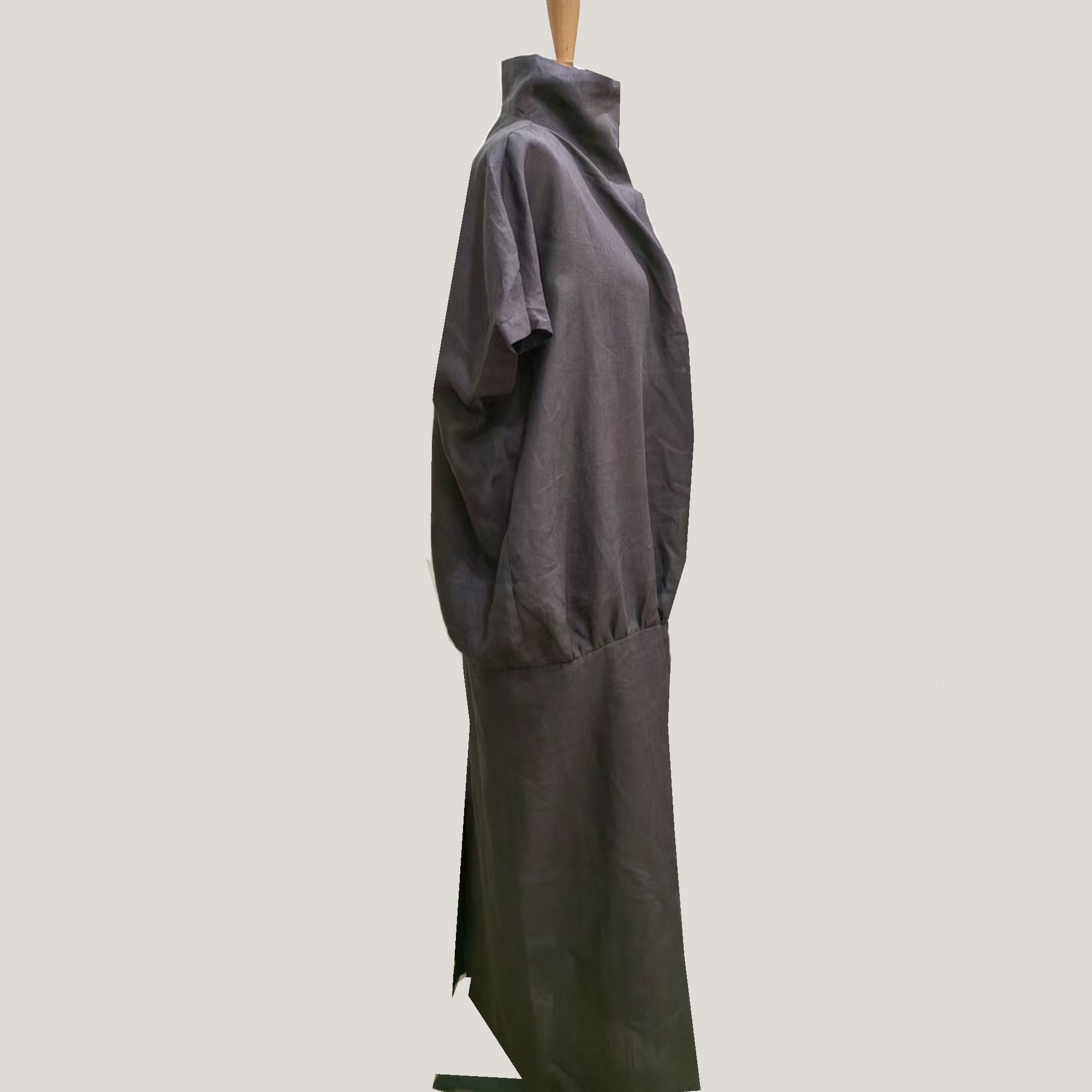Linen dress high collar loose fit gray dress