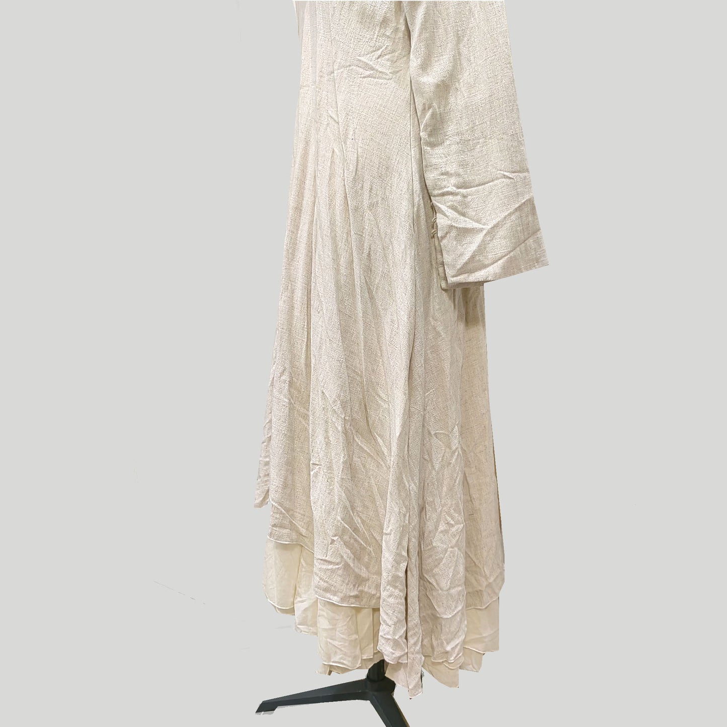 Linen retro style long dress 3 layers cotton ruffle hem long sleeves linen dress