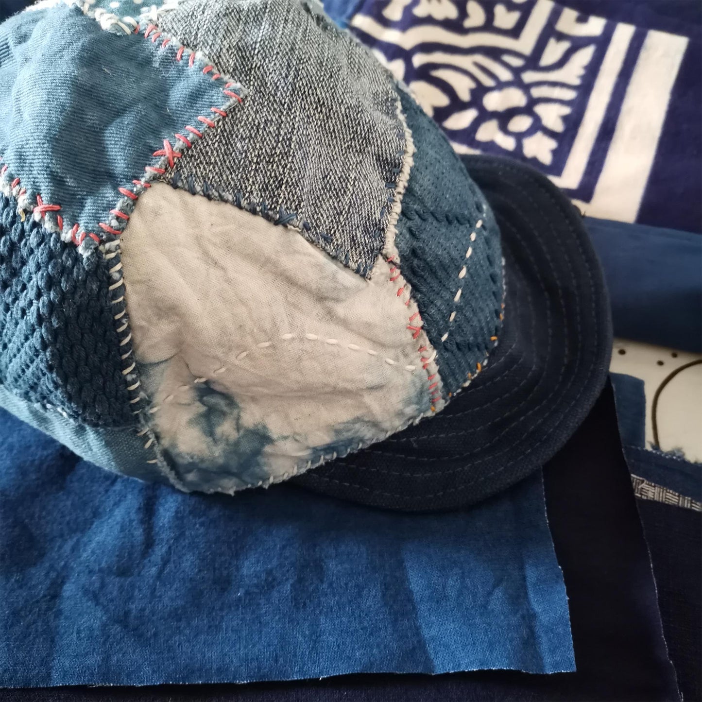 Neza Studio Boro Indigo Blue Cap Japanese Sashiko Patchwork Fabric Soft Newspaper Boy Cap Baseball Cap Retro Hat Boro Hat