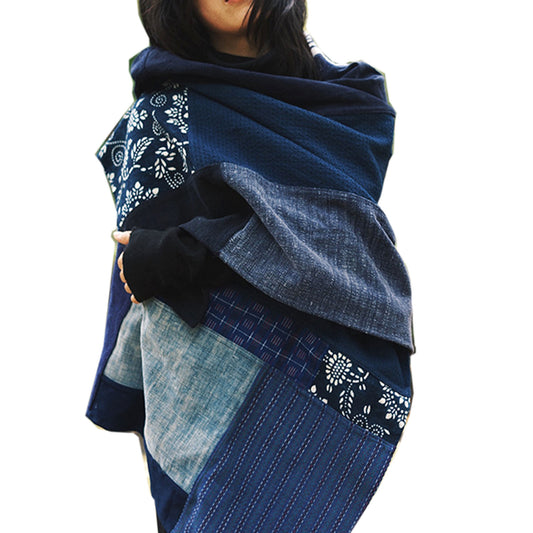 Large Patchwork scarf Indigo Blue shawl boro scarf Vintage Fabric Patch scarf women's scarf Hand Woven Fabric wrap hood blanket dark blue