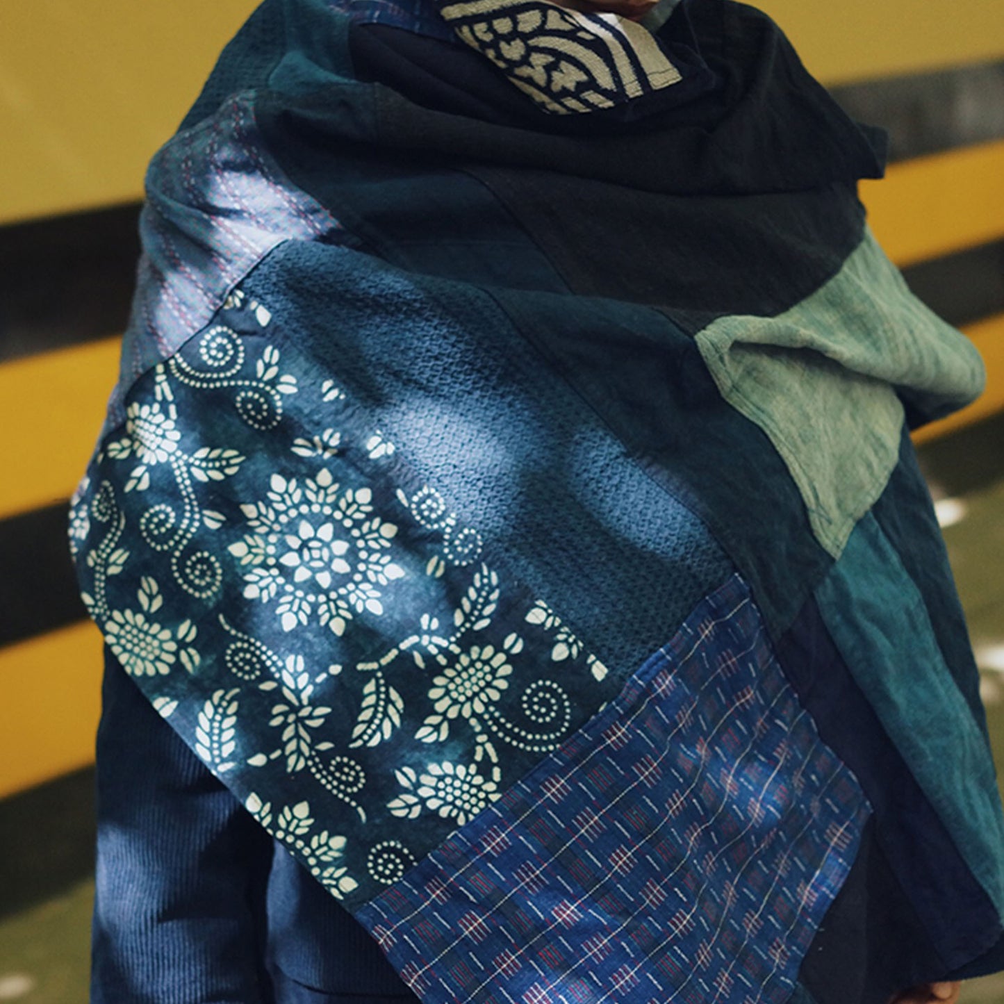 Large Patchwork scarf Indigo Blue shawl boro scarf Vintage Fabric Patch scarf women's scarf Hand Woven Fabric wrap hood blanket dark blue