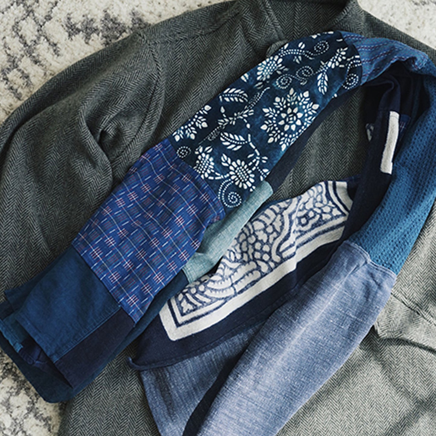 Large Patchwork scarf Indigo Blue shawl boro scarf Vintage Fabric Patch scarf women's scarf Hand Woven Fabric wrap hood blanket dark blue
