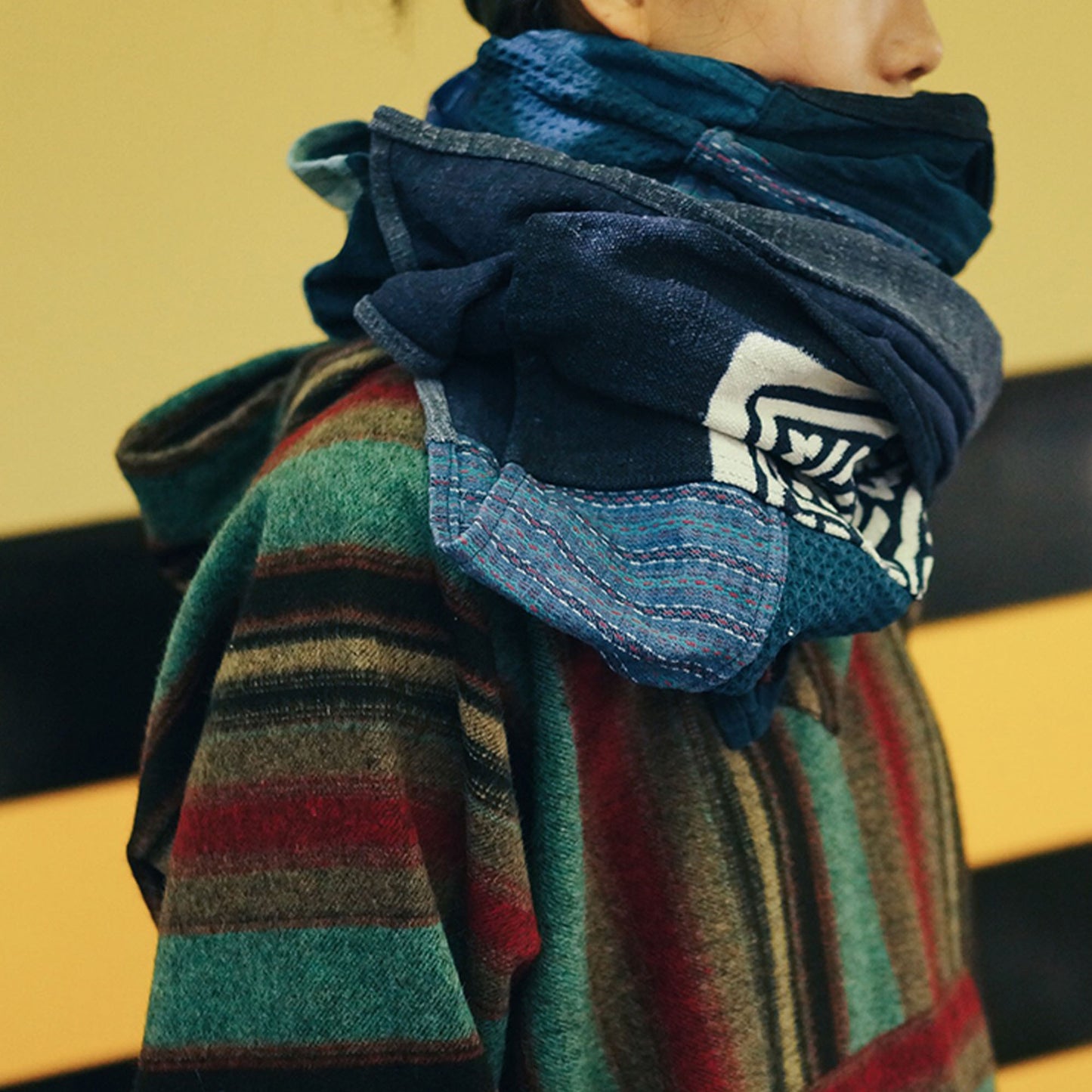 Large Patchwork scarf Indigo Blue shawl boro scarf Vintage Fabric Patch scarf women's scarf Hand Woven Fabric wrap hood blanket dark blue