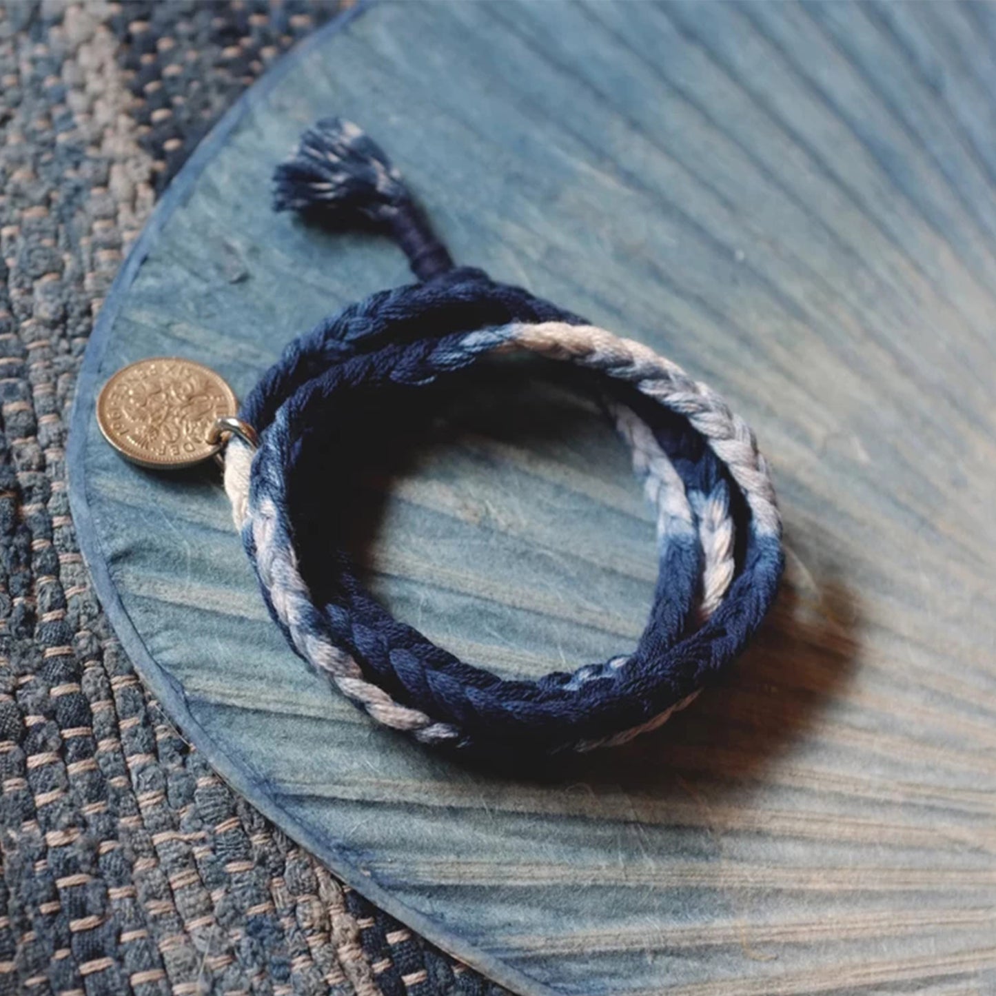 Blue dye and persimmon dye cotton bracelet with coins braided necklace