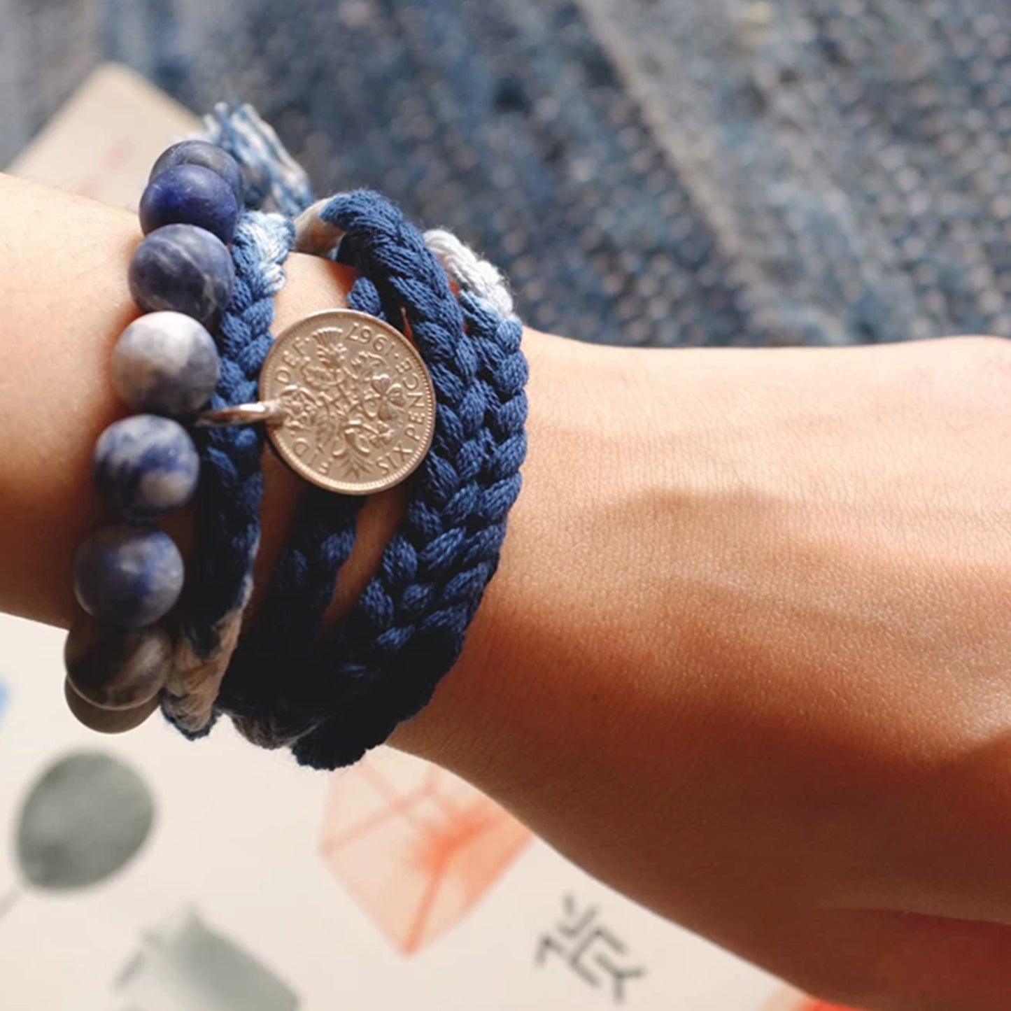 Blue dye and persimmon dye cotton bracelet with coins braided necklace