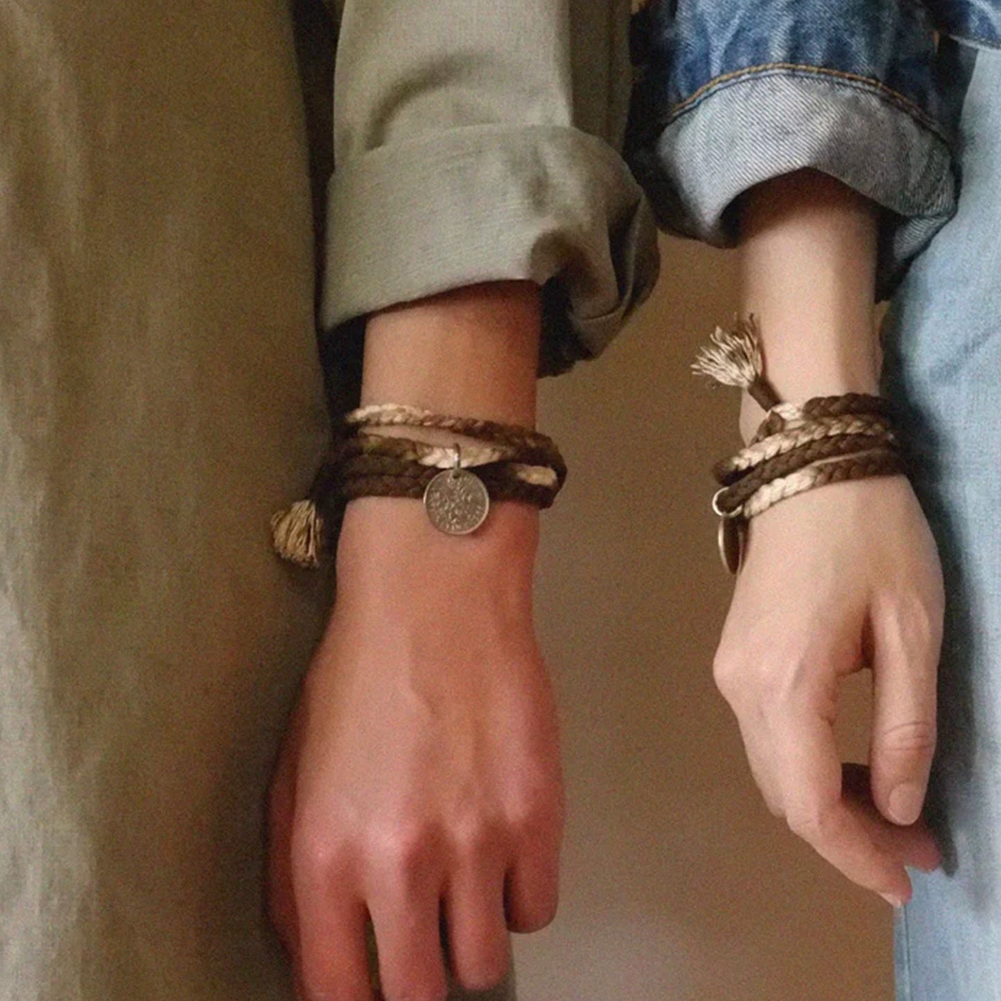 Blue dye and persimmon dye cotton bracelet with coins braided necklace