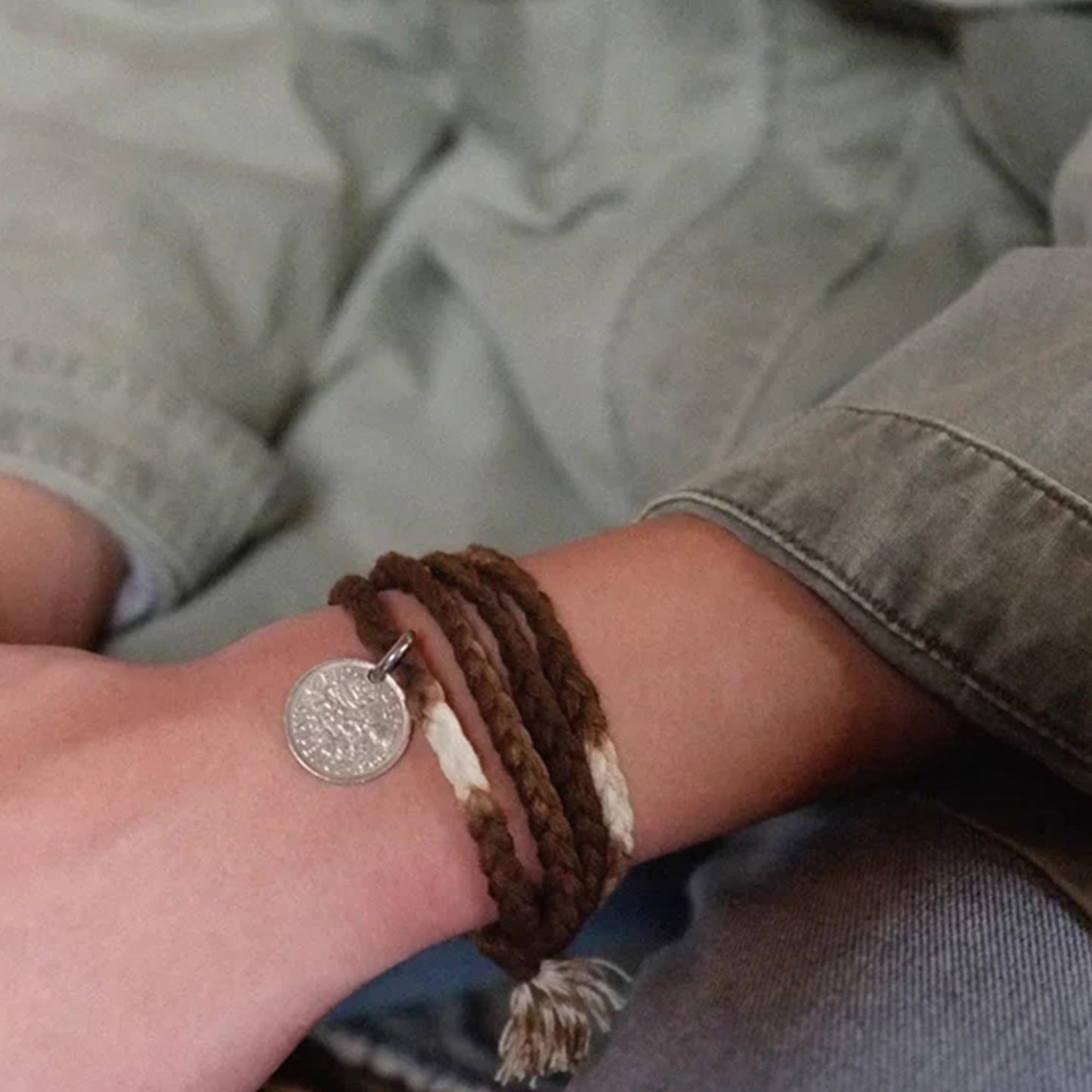 Blue dye and persimmon dye cotton bracelet with coins braided necklace