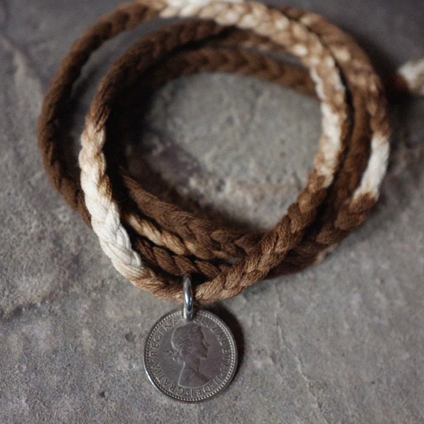 Blue dye and persimmon dye cotton bracelet with coins braided necklace