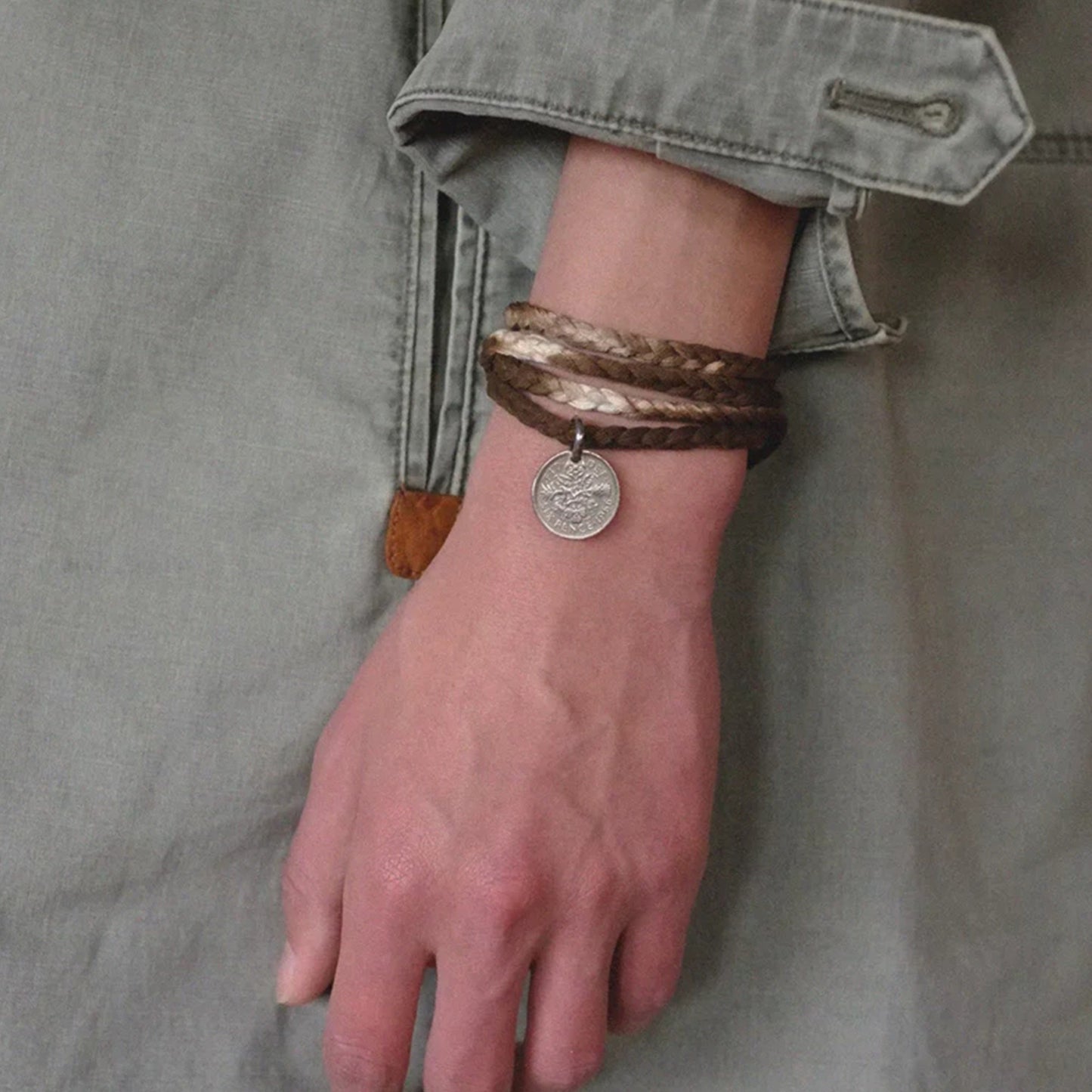 Blue dye and persimmon dye cotton bracelet with coins braided necklace