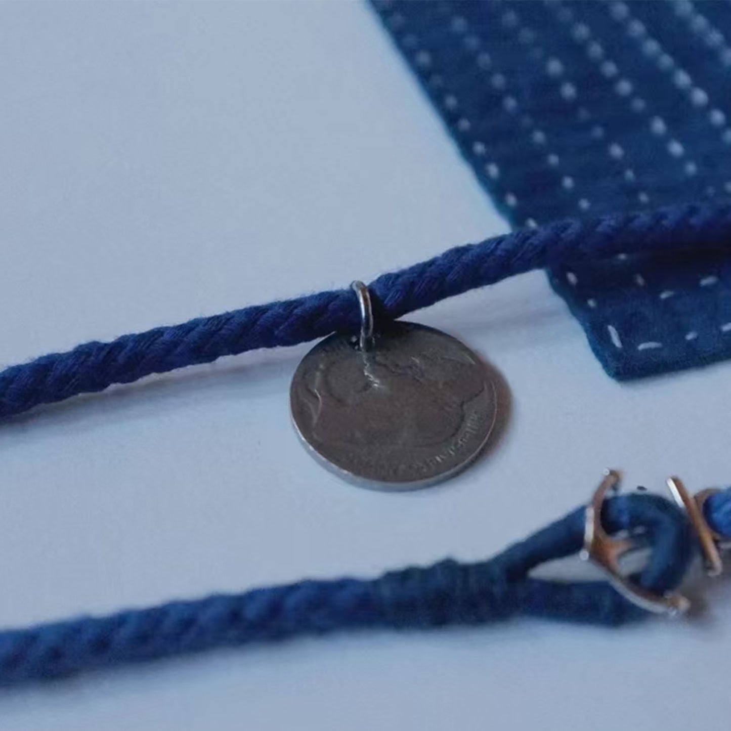 Coin necklace tie dye cotton braided bracelet with silver beads and coins