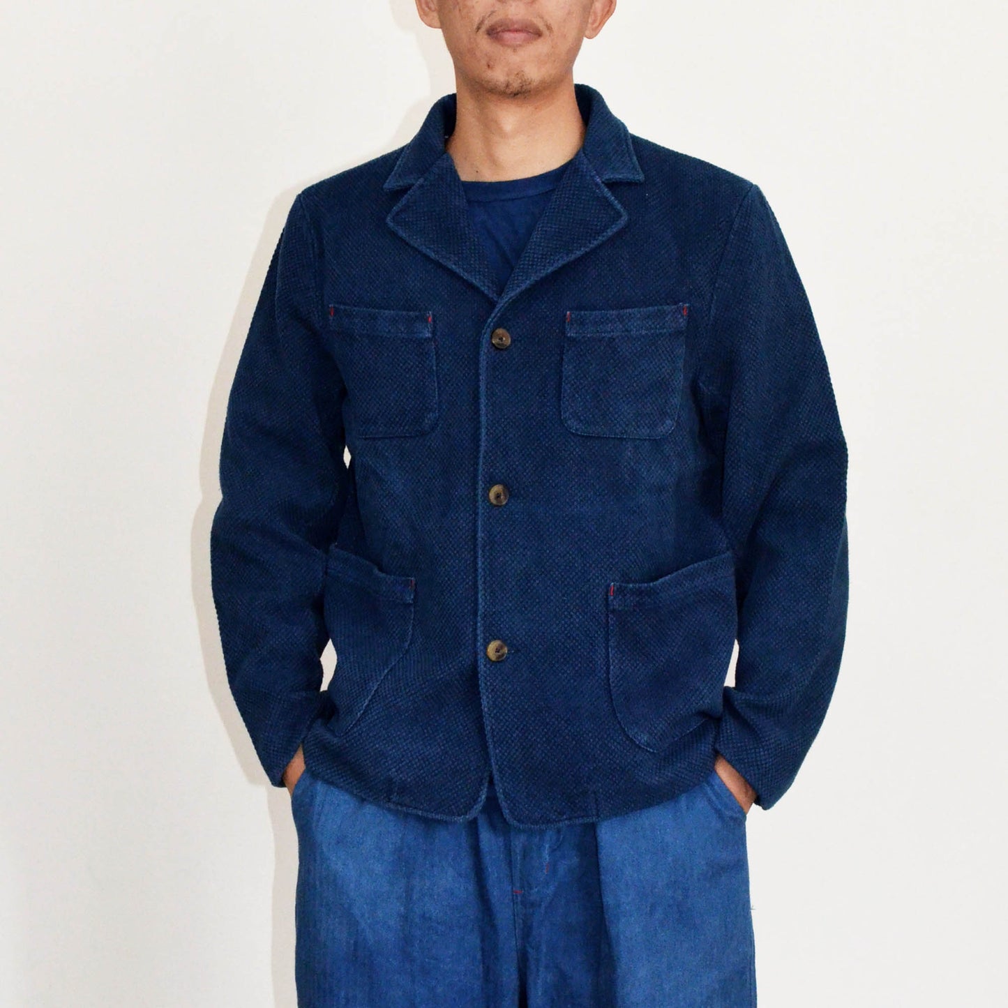 Retro French Work Jacket Thick Japanese Sashiko Fabric Unisex Tailored Jacket Indigo Blue Hand Dye Fabric Fitted Jacket Workwear Neza Studio