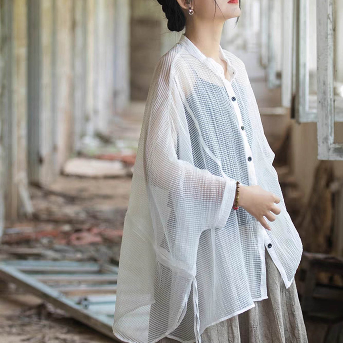 Extra wide sleeves round shape spring summer blouse Tencel blended sheer fabric butterfly shape shirt women cape summer cape sun protec top