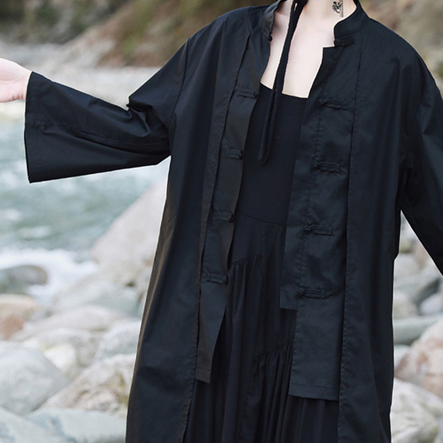 Black Hanfu Shirt Chinese Toggle Closure False Two-piece Design Spring Summer Cotton Shirt Modified Hanfu Chinese Top Neza Studio