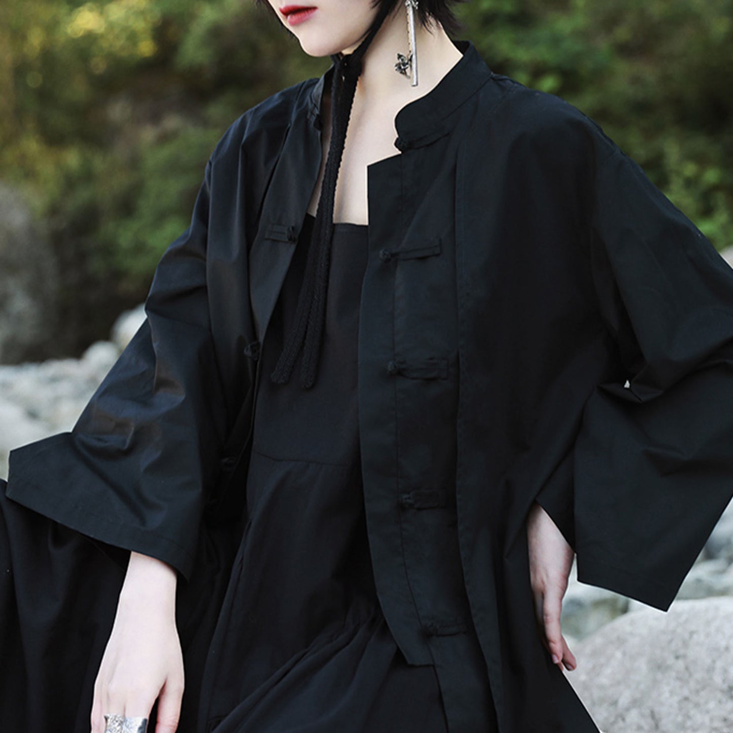 Black Hanfu Shirt Chinese Toggle Closure False Two-piece Design Spring Summer Cotton Shirt Modified Hanfu Chinese Top Neza Studio