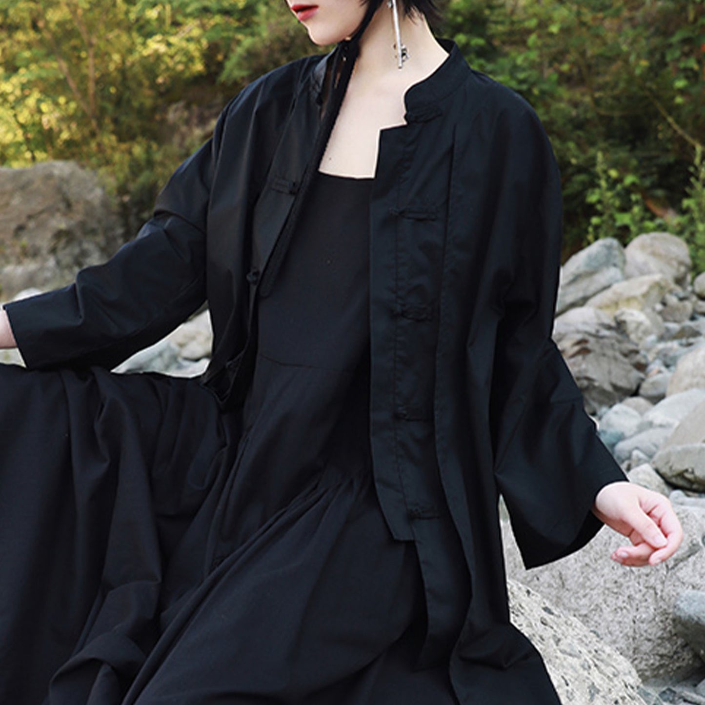 Black Hanfu Shirt Chinese Toggle Closure False Two-piece Design Spring Summer Cotton Shirt Modified Hanfu Chinese Top Neza Studio