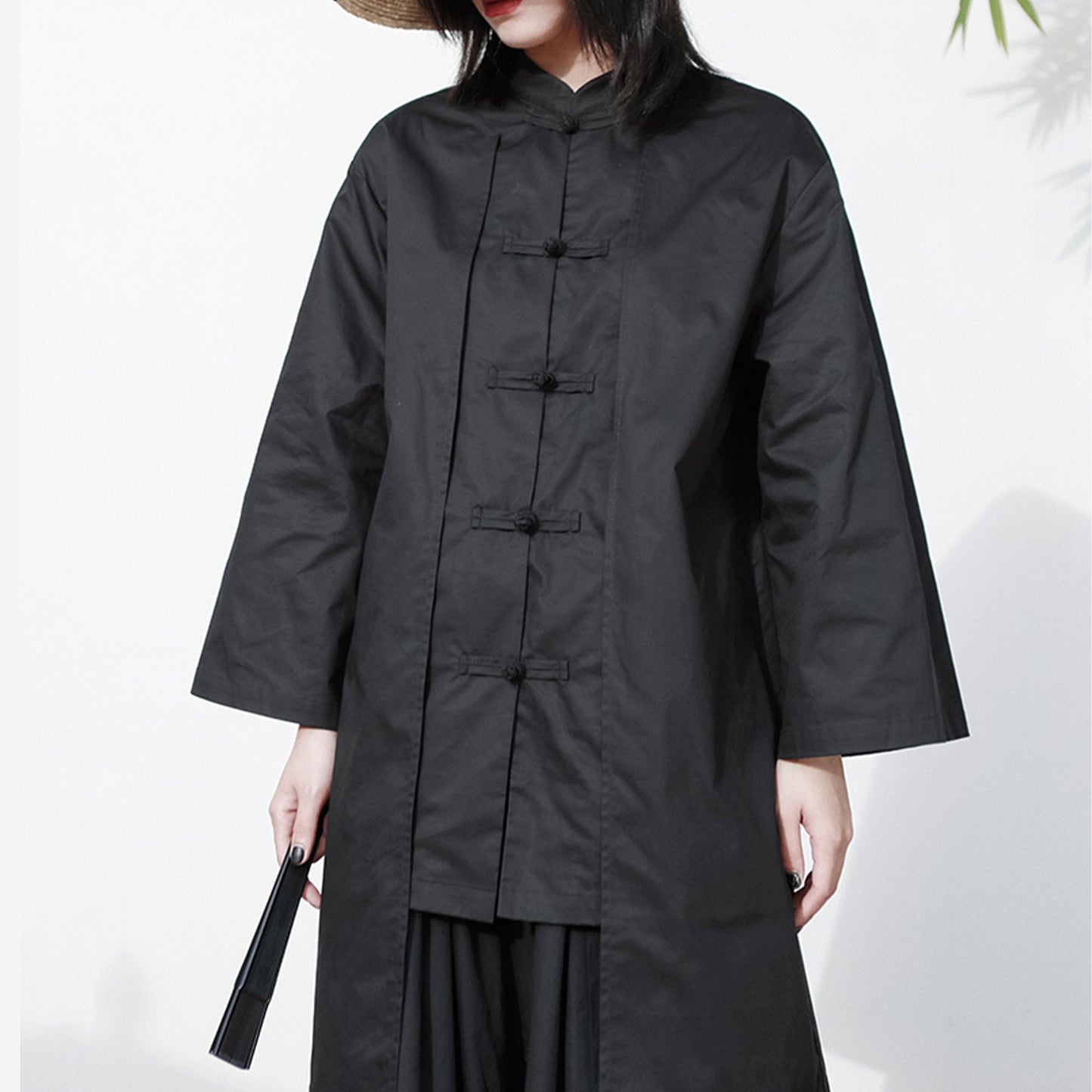 Black Hanfu Shirt Chinese Toggle Closure False Two-piece Design Spring Summer Cotton Shirt Modified Hanfu Chinese Top Neza Studio