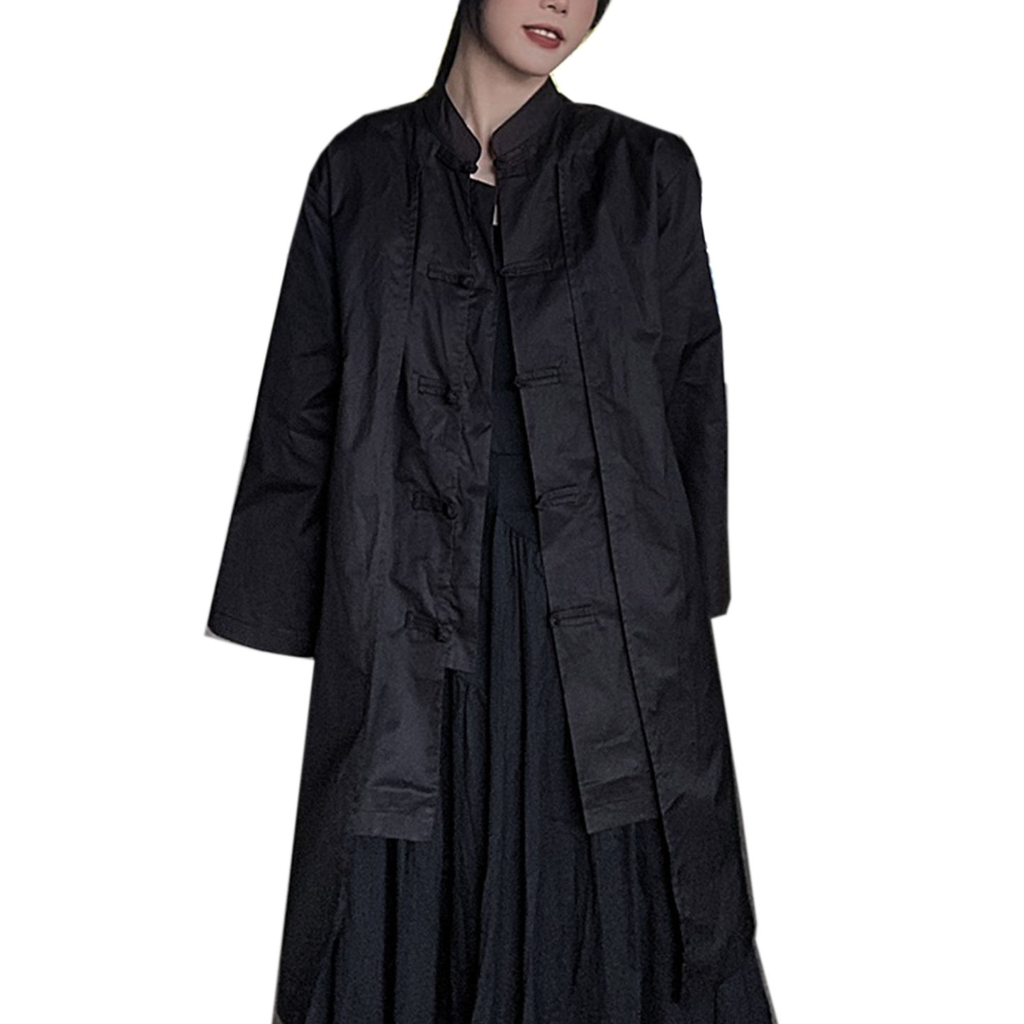 Black Hanfu Shirt Chinese Toggle Closure False Two-piece Design Spring Summer Cotton Shirt Modified Hanfu Chinese Top Neza Studio