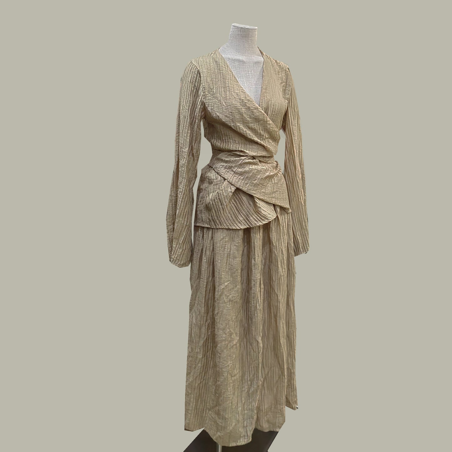 Creased tencel fabric set cross front top with skirt champagne color