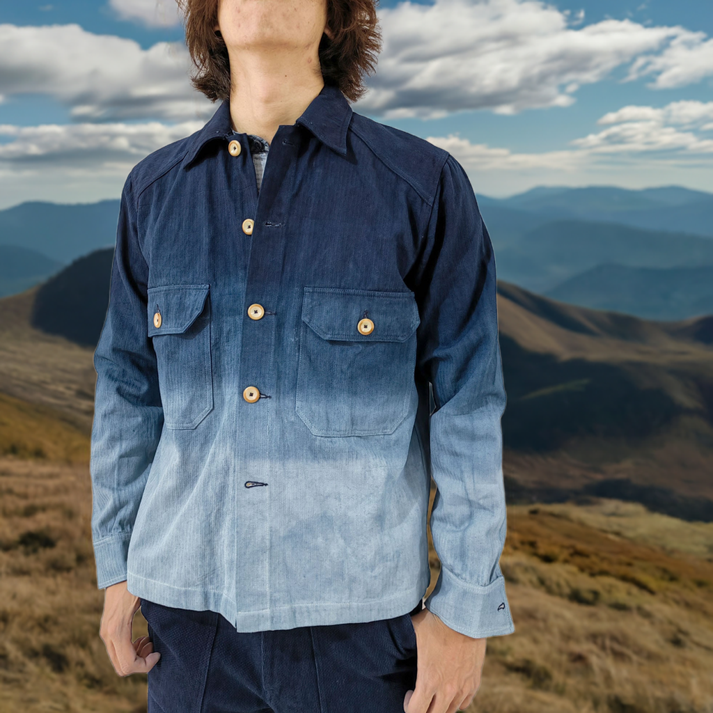 Indigo Blue Gradient Dye denim jacket chest pocket denim jacket hand dye denim jacket fitted denim jacket plant dye denim jacket