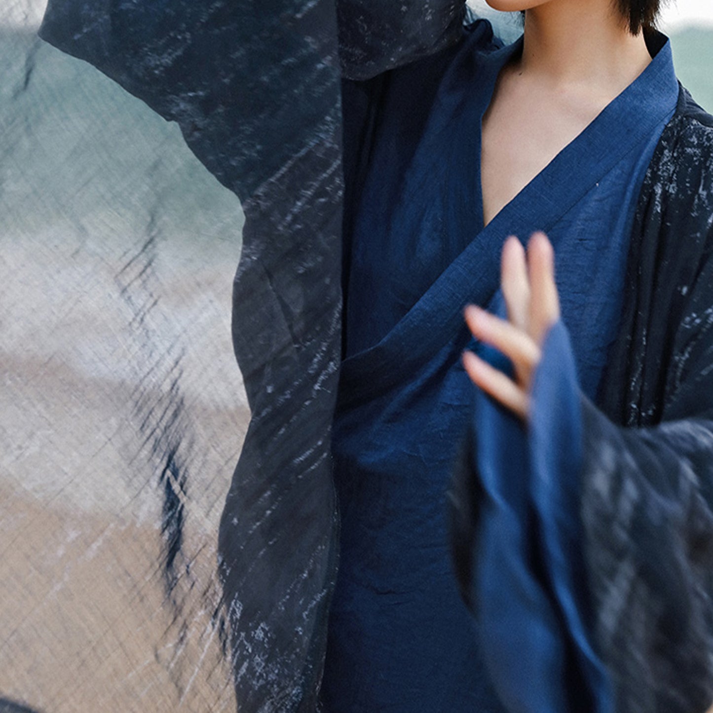 Hanfu, Haori, Blue Kimono 3PCS Set Japanese Style Robe Chinese Hanfu Dress Modified Hanfu Neza Studio Maxi Kimono Dress OBI belt Indigo