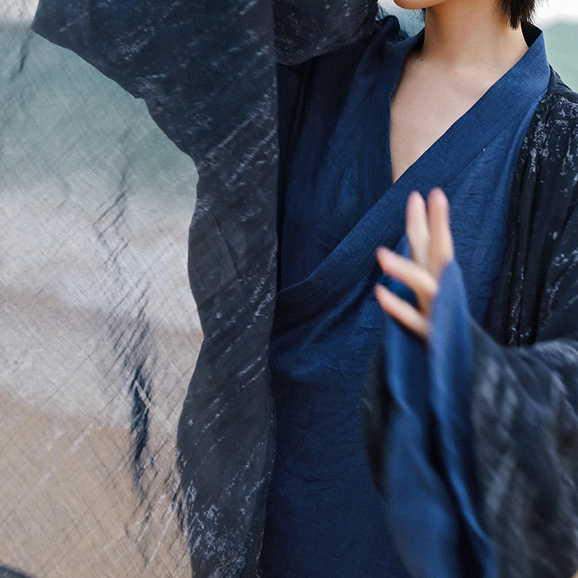 Hanfu, Haori, Blue Kimono 3PCS Set Japanese Style Robe Chinese Hanfu Dress Modified Hanfu Neza Studio Maxi Kimono Dress OBI belt Indigo