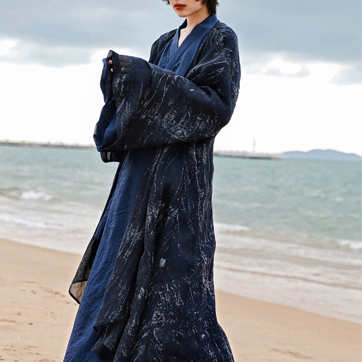 Hanfu, Haori, Blue Kimono 3PCS Set Japanese Style Robe Chinese Hanfu Dress Modified Hanfu Neza Studio Maxi Kimono Dress OBI belt Indigo