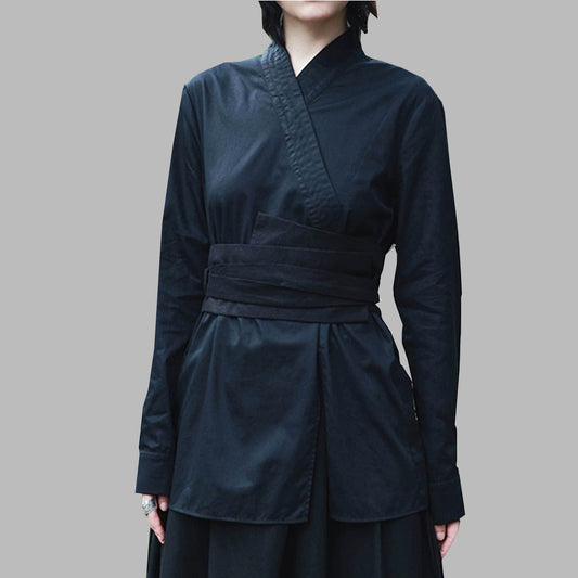 Cotton V neck shirt Wuxia style cotton blouse with wide OBI belt black cotton shirt