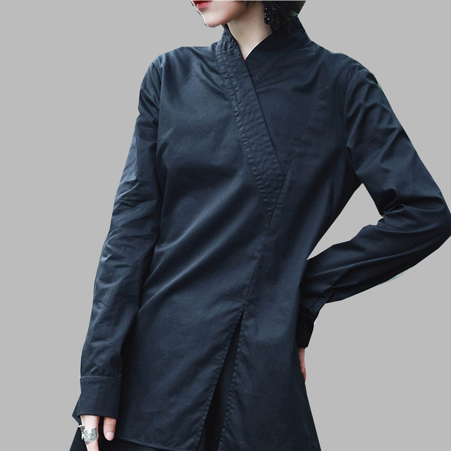 Cotton V neck shirt Wuxia style cotton blouse with wide OBI belt black cotton shirt