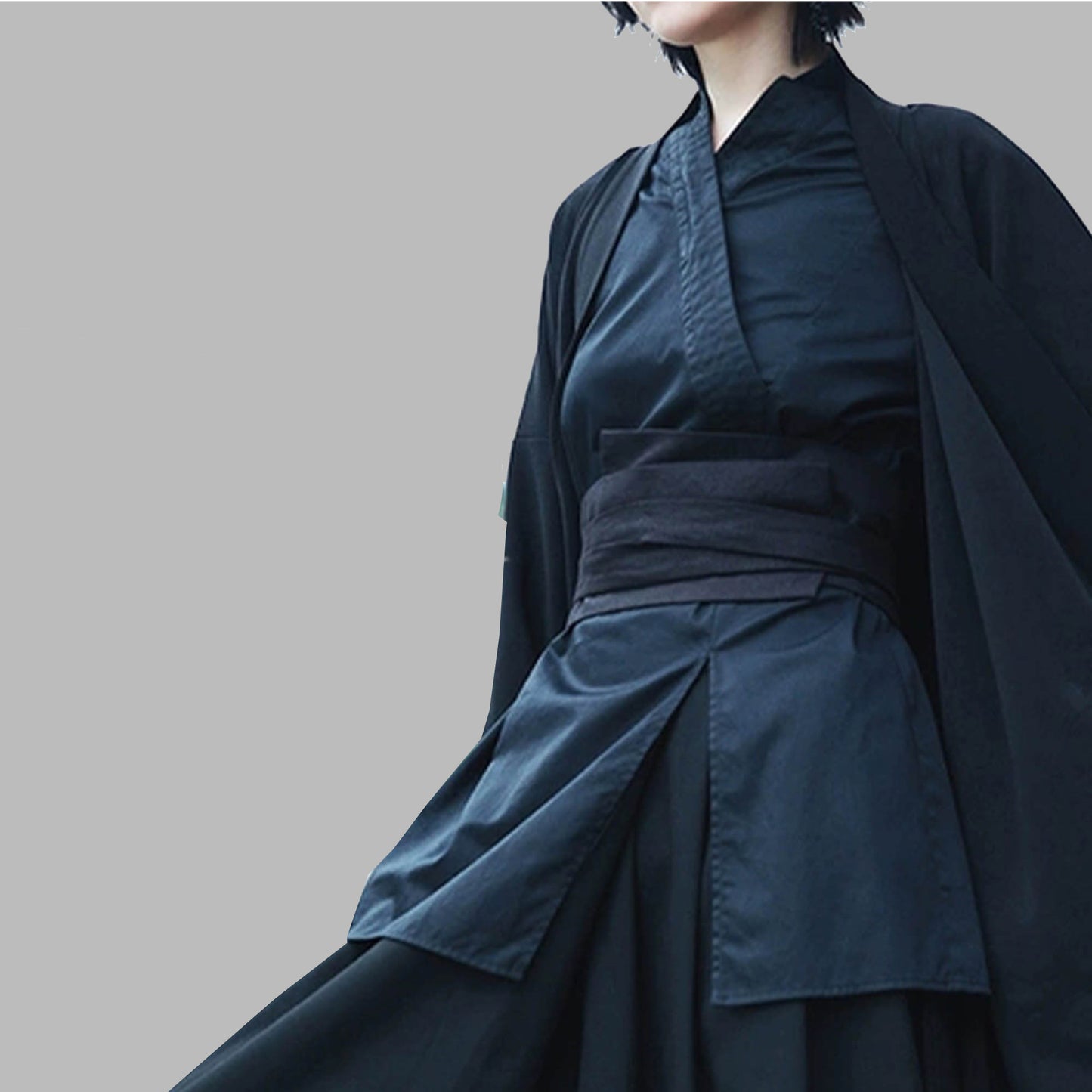 Cotton V neck shirt Wuxia style cotton blouse with wide OBI belt black cotton shirt